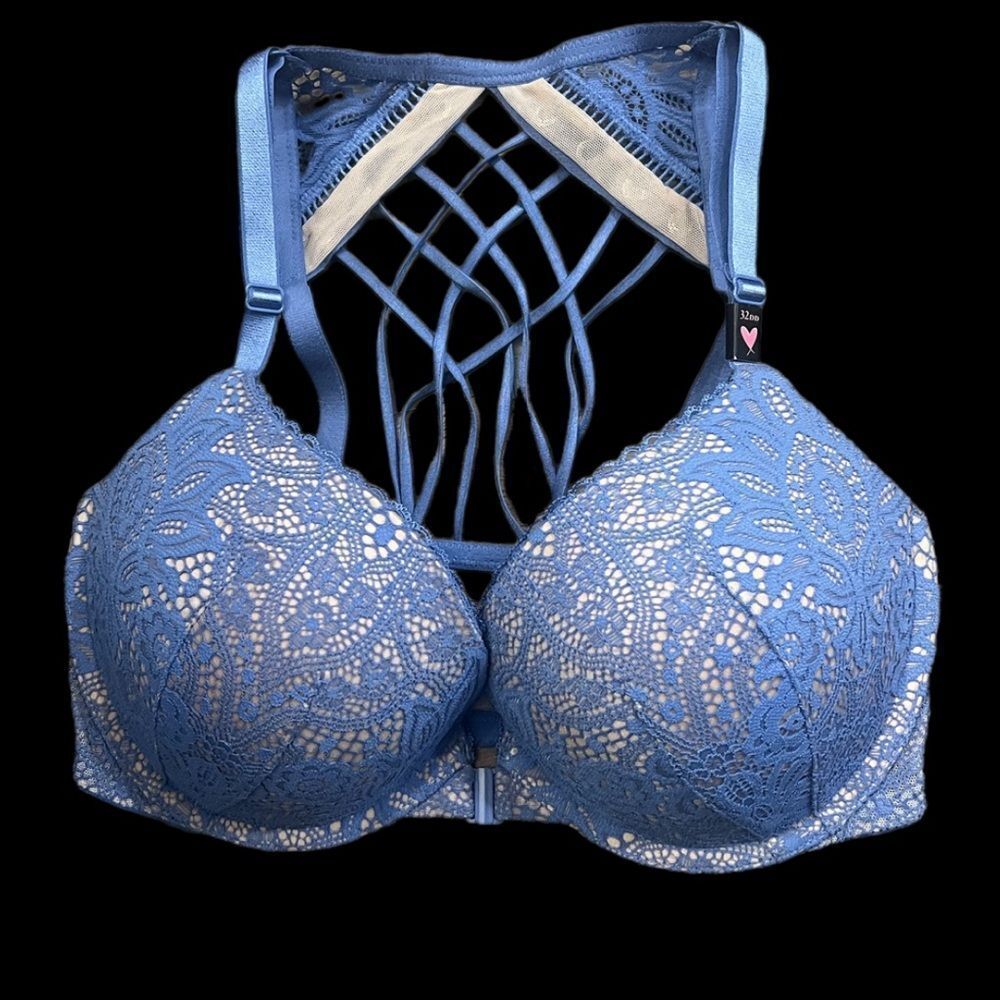 $68 Victoria’s Secret Very sexy Strappy Push up Padded bra 32DD blue